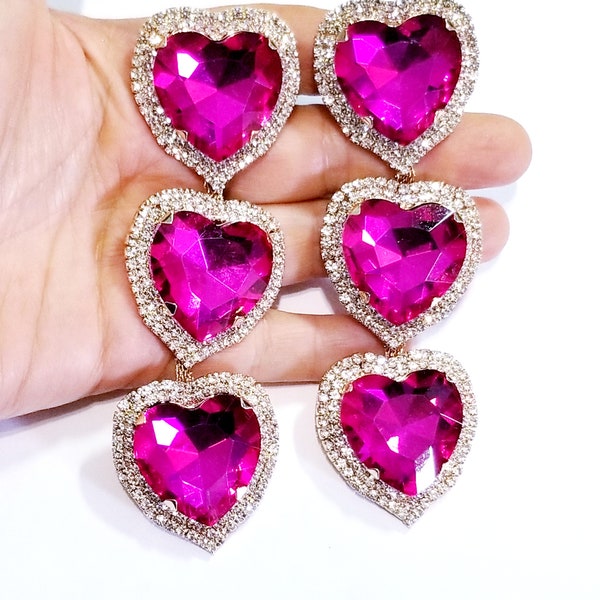 Pink Rhinestone Heart, CLIP ON Earrings, Oversized Chandelier Earrings, Drop Pageant Earrings, Gift for Her 4.7 inch