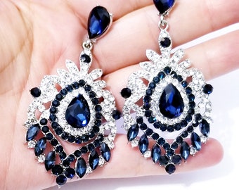 Bridesmaid Drop Earrings, Rhinestone Crystal Earrings, 3 in Blue Chandelier Earrings