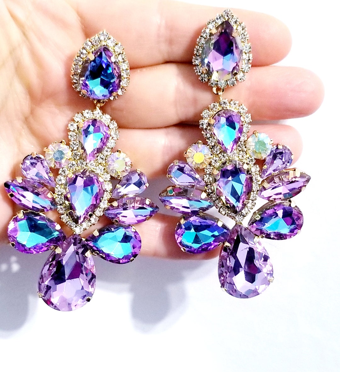 Rhinestone Clip on Earrings Chandelier Drop Earrings Purple - Etsy