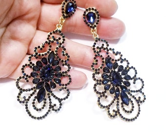 Rhinestone Drop Earrings, Navy Blue Chandelier Earrings, Dangle Austrian Crystal Jewelry, Gift for Her 3.6 inch