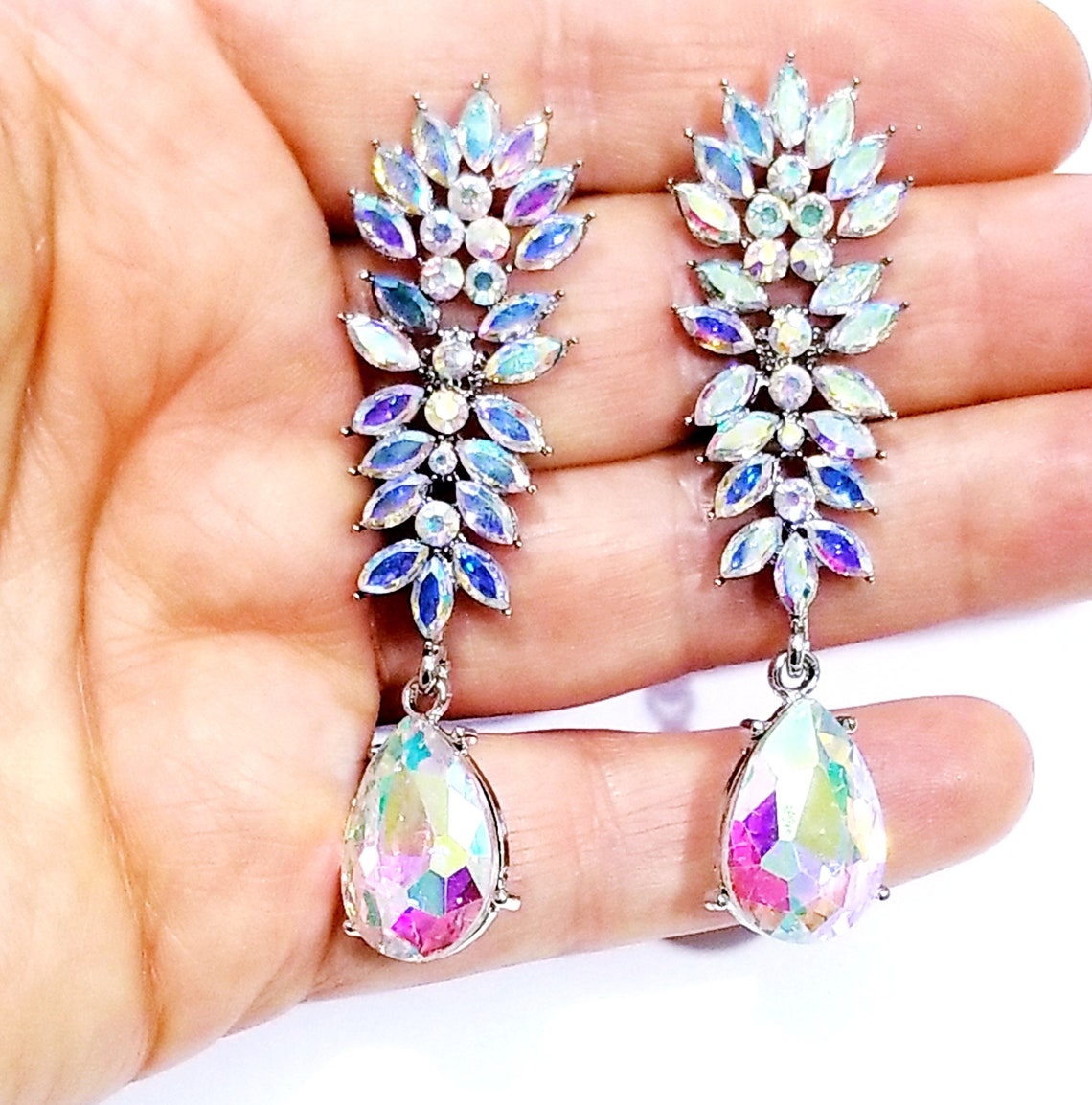 Iridescent Drop Pageant Earrings Rhinestone Chandelier Prom Etsy