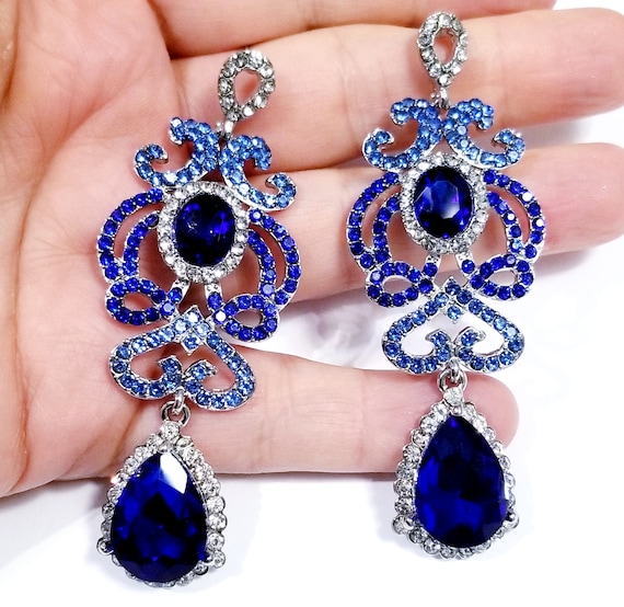Blue Chandelier Earrings Rhinestone Austrian Crystal Jewelry | Etsy