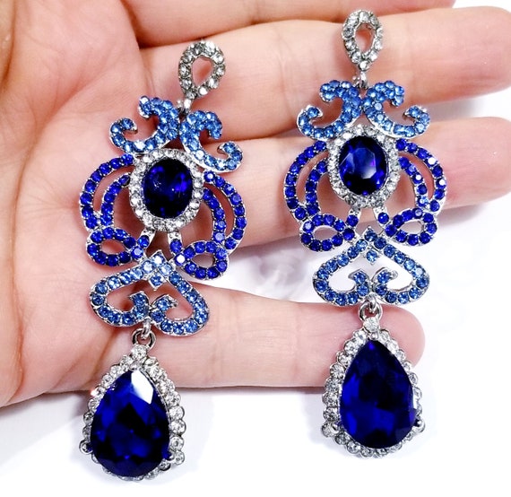 Blue Chandelier Earrings Rhinestone Austrian Crystal Jewelry | Etsy