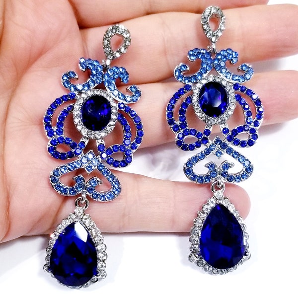 Blue Chandelier Earrings, Rhinestone Austrian Crystal Jewelry, Bridesmaid Drop Earrings 3.1 in