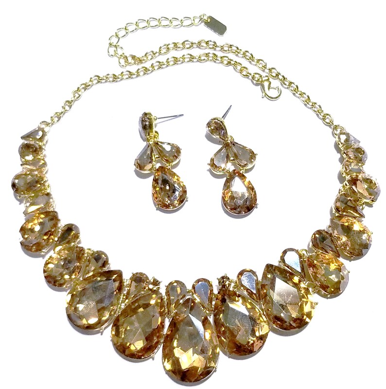 Topaz Rhinestone Austrian Crystal Choker Necklace Earring Set Pageant Drag Exotic Belly Ballroom Dancer Rave Cocktail Party Gift Wedding