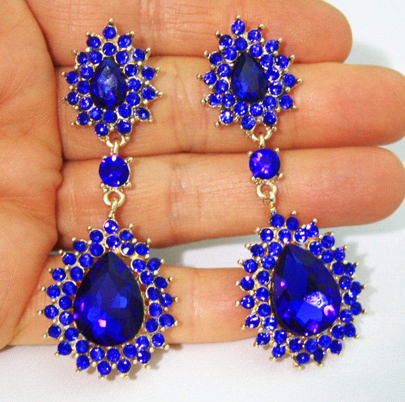 2.8 inch Pageant Bridal Drag Prom Blue Chandelier Earrings Rhinestone Crystal Drop Earrings