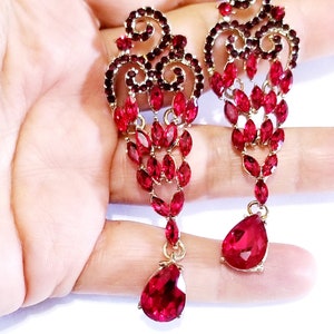 Red Bridal Chandelier Earrings, Prom Rhinestone Crystal Drop Earrings, Statement Earrings 3 Inch, Crystal Stage or Pageant Jewelry