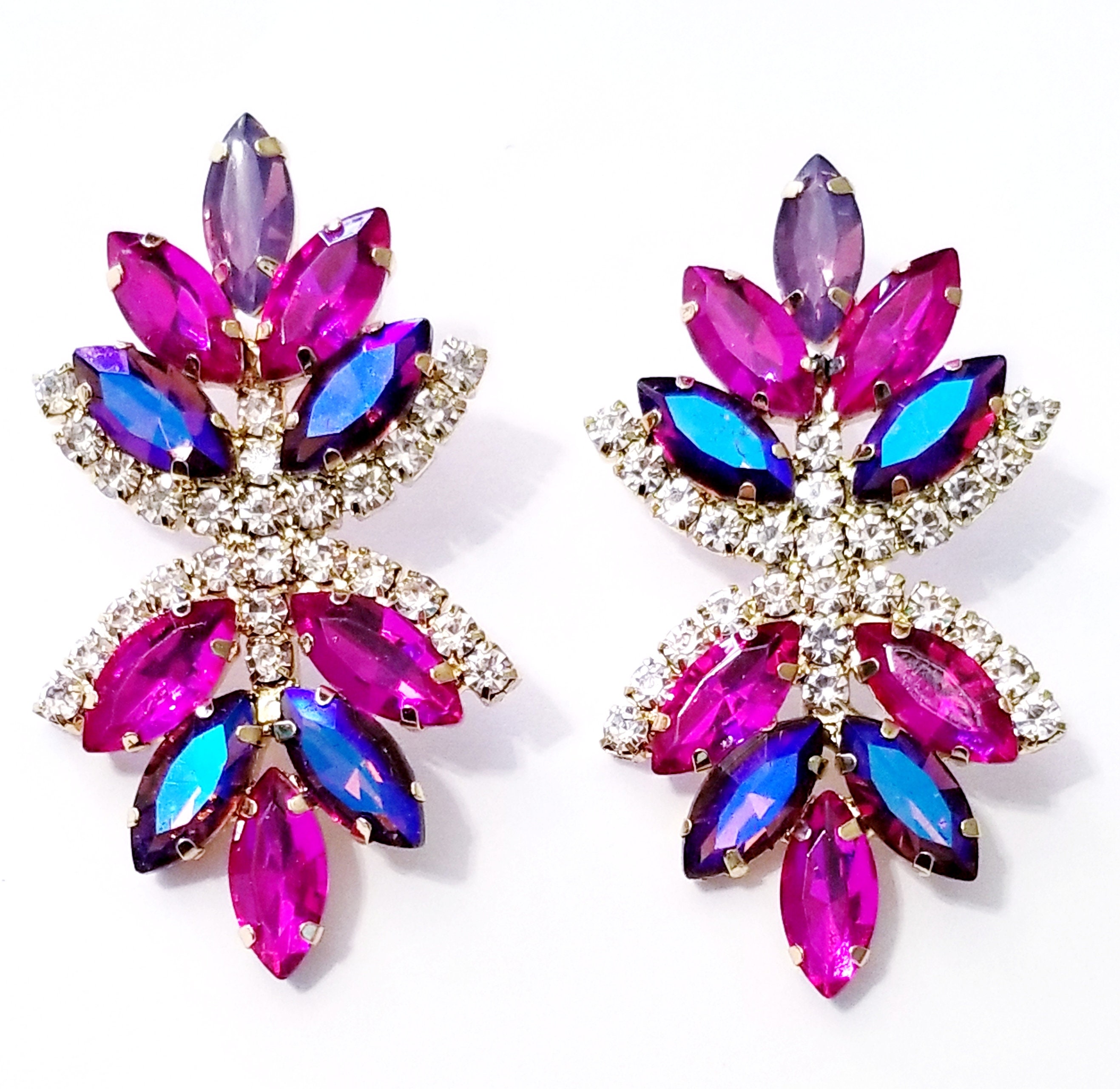 Rhinestone Drop Earrings Hot Pink Chandelier Earrings Dangle Etsy