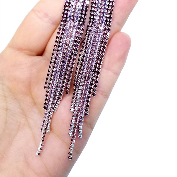 Purple Chandelier Earrings, Rhinestone Crystal Drop Earrings, Statement Earrings 3.8 Inch, Crystal Stage or Pageant Jewelry
