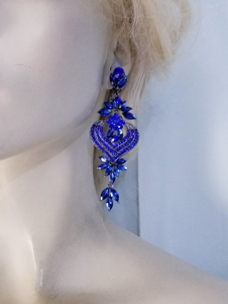 Blue Statement Rhinestone Chandelier Clip On Earrings Prom Pageant Drag Queen 4.1 in Long Wedding Belly Dancer Ballroom Jewelry Gift for her