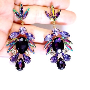 Purple Drop Earrings, Bridesmaid Rhinestone Earrings, 2.9 Inch Pageant Jewelry, Crystal Chandelier Earrings, Gift for Her