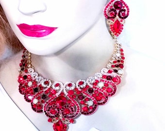 Rhinestone Crystal Choker, Necklace Earring Set, Pageant Prom Jewelry, Red Crystal Necklace
