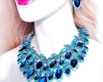 Teal Rhinestone Statement Necklace - Crystal Necklace Earring Set for Prom, Pageant or Wedding - Glamourous Gift for Her!