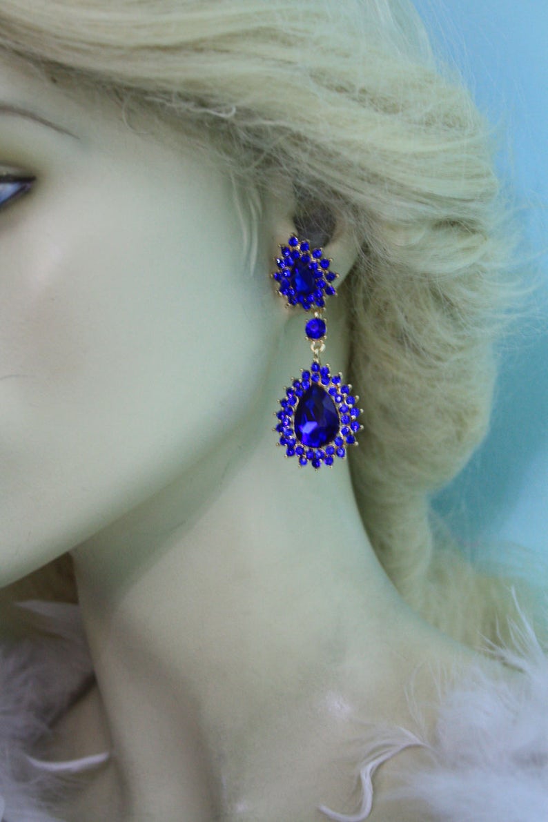 2.8 inch Pageant Bridal Drag Prom Blue Chandelier Earrings Rhinestone Crystal Drop Earrings