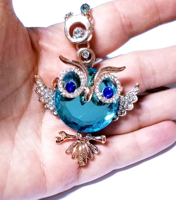 Aqua Owl Necklace Gold Owl Pendant Crystal Barn Owl Best Friend