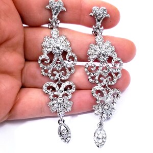 Clip On Drop Earrings, Bridesmaid Rhinestone Earrings, 3.3 Inch Clear Pageant Jewelry