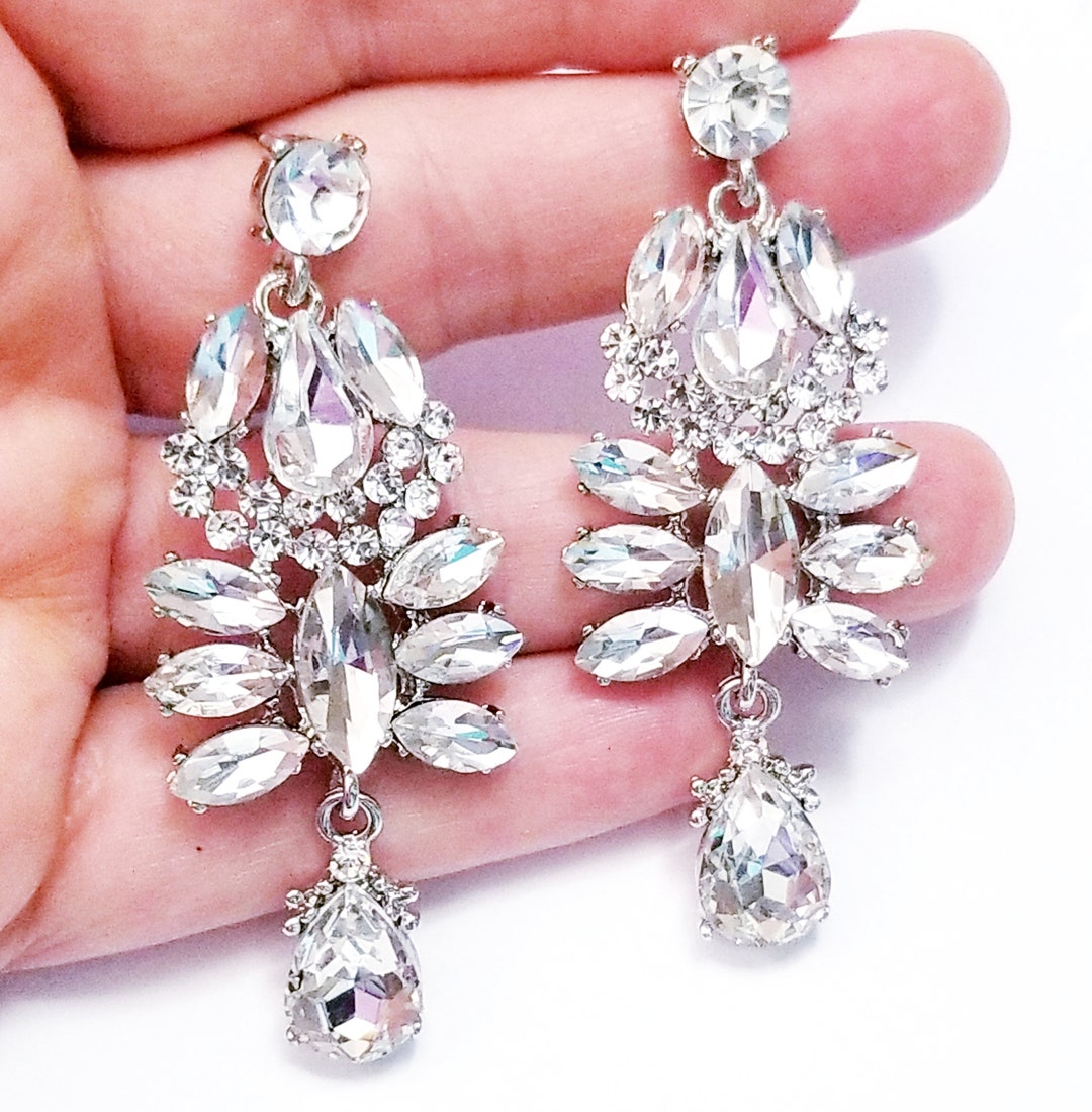 Rhinestone Drop Earrings, Clear Crystal Earrings, Bridal Prom Pageant