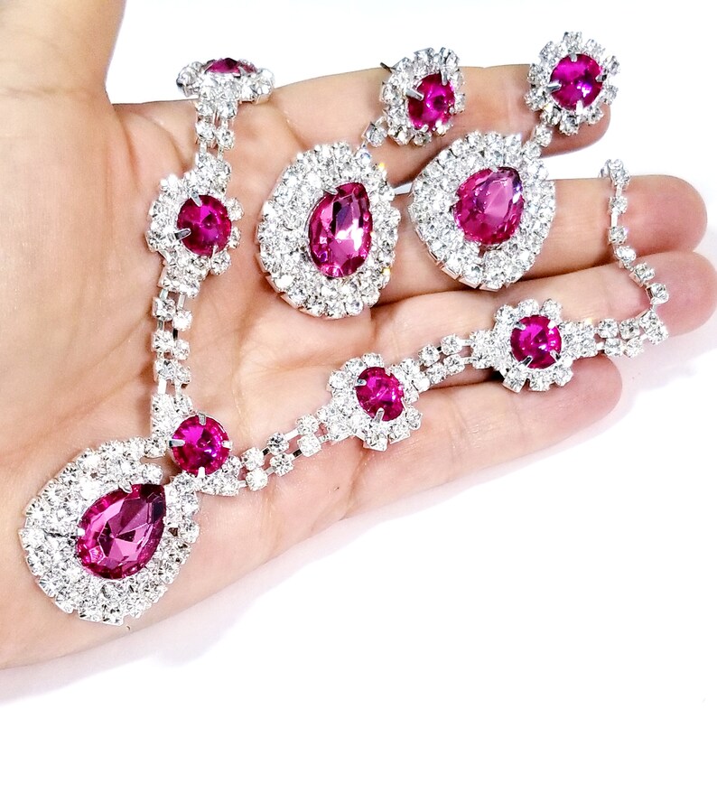 Pink Rhinestone Necklace Crystal Necklace Set Bridal Pageant Etsy