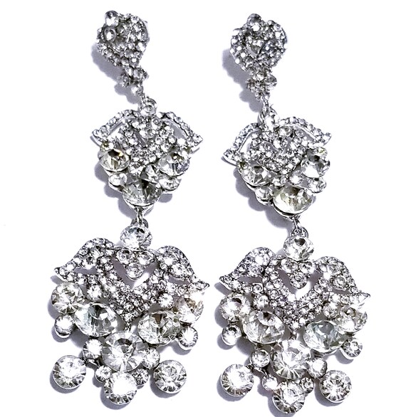 STUNNING Clear Crystals LONG CHANDELIER Bridal Pageant Prom Drag CLIP Earrings C