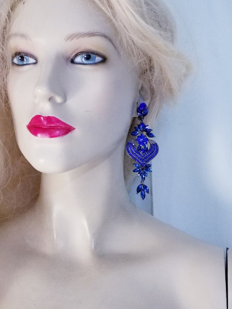 Blue Statement Rhinestone Chandelier Clip On Earrings Prom Pageant Drag Queen 4.1 in Long Wedding Belly Dancer Ballroom Jewelry Gift for her