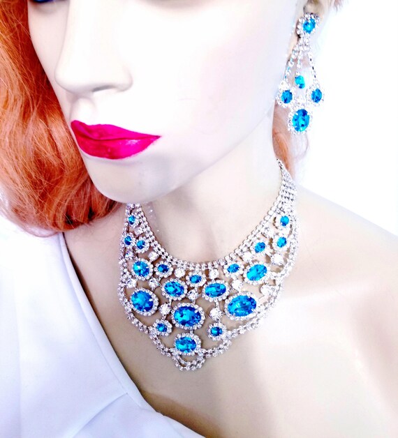 Blue Statement Necklace, Bridal Rhinestone Necklace, Stage Pageant