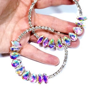 AB Chandelier Earrings, Rhinestone Crystal 3 inch Hoops, Pageant Bridal Drop Earrings, Gift for Her