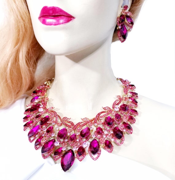 Apolonia Neon Pink Crystal Stone Cluster Statement Necklace