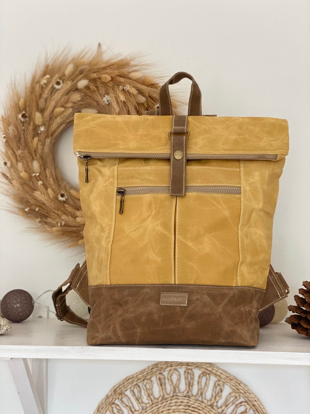 Waxed Canvas Rolltop Backpack With Zipper Top Rucksack Etsy