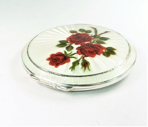 Vintage Solid Silver Compact Mirror Guilloche Ena… - image 2