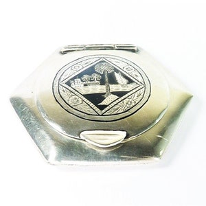 1940er Jahre Silber arabischer Niello Taschenspiegel etwas altes Geschenk schwarz und silberne Geldbörse / Taschenspiegel