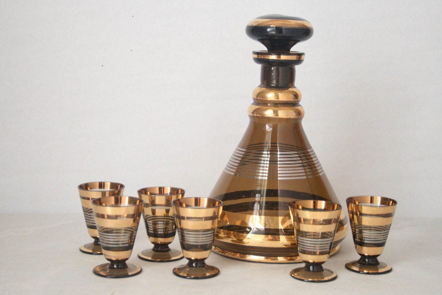 Vintage Smoked Glass and Gold Decanter Set Set of 6 Shot Etsy