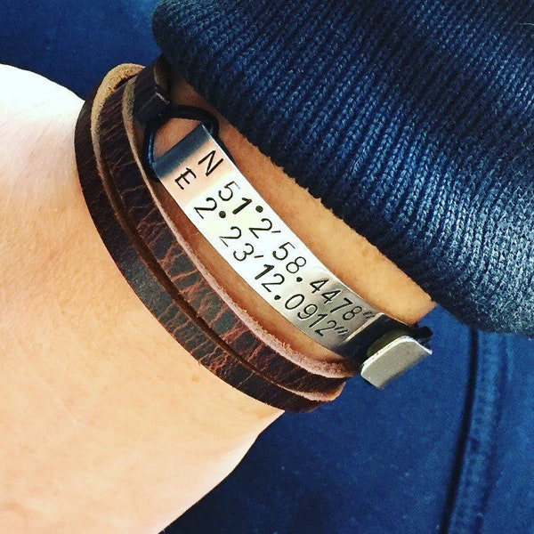 Herrenarmband, GPS-Sitzungskoordinaten. Ledermanschette für ihn. Personalisiertes Geschenk für Männer. Einzigartiges Geschenk für ihn.