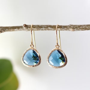 Sapphire Glass Earrings - Gold Dangle Earrings - Stone Earrings - Drop Earrings - Birthstone Earrings - Ocean Blue Earrings - Gold Earrings