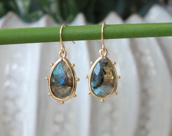 Labradorite gemstone drop earrings - gold drop earrings - gemstone earrings - gold earrings - flash labradorite - gold gemstone earrings
