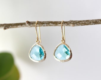 Aquamarine Glass Earrings - Gold Dangle Earrings - Stone Earrings - Drop Earrings - Birthstone Earrings - Blue Earrings  - Aqua Jewellery