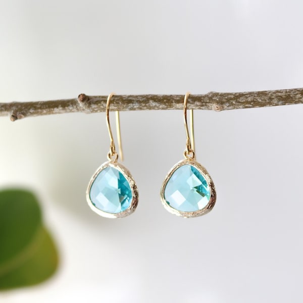 Aquamarine Glass Earrings - Gold Dangle Earrings - Stone Earrings - Drop Earrings - Birthstone Earrings - Blue Earrings  - Aqua Jewellery