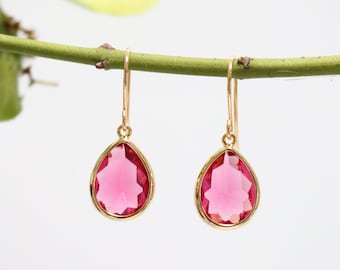 Pink Ruby Glass Earrings - Dangle Earrings - Stone Earrings - Drop Earrings - Birthstone Earrings - Ruby Pink Earrings - Pink Quartz - Pink