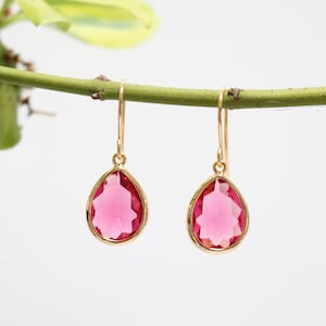 Pink Ruby Glass Earrings - Dangle Earrings - Stone Earrings - Drop Earrings - Birthstone Earrings - Ruby Pink Earrings - Pink Quartz - Pink