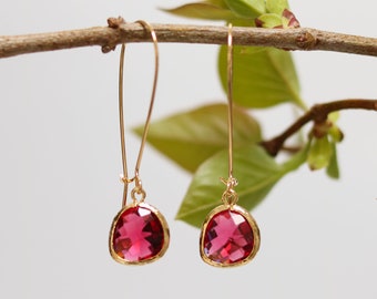 Pink Ruby Glass Earrings - Gold Dangle Earrings - Stone Earrings - Drop Earrings - Birthstone Earrings - Pink Jewelry - Quartz Earrings