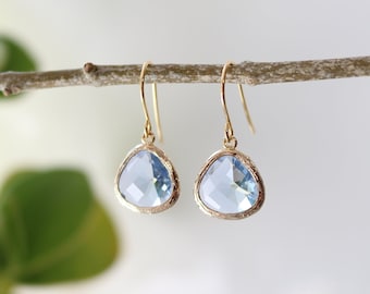 Blue Quartz Glass Earrings - Gold Dangle Earrings - Stone Earrings - Drop Earrings - Birthstone Earrings - Blue Earrings  - Blue Jewellery