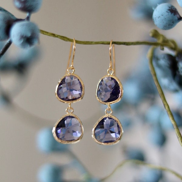 Amethyst Glass Earrings - Dangle Earrings - Quartz Earrings - Drop Earrings - Birthstone Earrings - Blue Jewellery Quartz Earrings - Blue