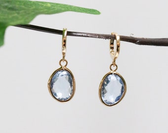 Blue Quartz Glass Hoop Earrings  - Crystal Earrings - Gold Hoop Earrings - Gold Earrings - Hoop Earrings - Hoops - Gold Hoops - Huggies