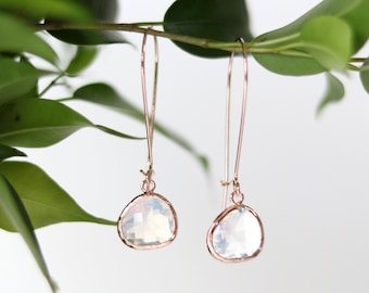 Rose Gold Opal Glass Earrings - Rose Gold Dangle Earrings - Stone Earrings - Drop Earrings - Birthstone Earrings - Opal - Quartz Earrings