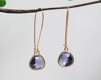 Amethyst Glass Earrings - Gold Dangle Earrings - Stone Earrings - Drop Earrings - Birthstone Earrings - Purple Earrings - Amethyst Jewellery