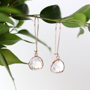 Rose Gold Opal Glass Earrings - Rose Gold Dangle Earrings - Stone Earrings - Drop Earrings - Birthstone Earrings - Opal - Quartz Earrings