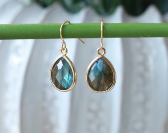 Labradorite gemstone drop earrings - gold drop earrings - gemstone earrings - gold earrings - flash labradorite - gold gemstone earrings