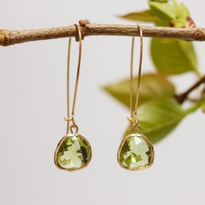 Peridot Glass Dangle Earrings - Gold Plated, Birthstone Jewelry