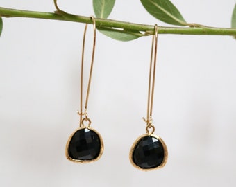 Onyx Glass Earrings - Gold Dangle Earrings - Stone Earrings - Drop Earrings - Birthstone Earrings - Black Earrings - Onyx Jewellery