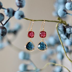 Ruby and Sapphire Earrings Dangle Earrings Quartz Earrings Drop Earrings Birthstone Earrings Blue Jewellery Quartz Earrings image 1