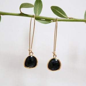 Onyx Glass Earrings - Gold Dangle Earrings - Stone Earrings - Drop Earrings - Birthstone Earrings - Black Earrings - Onyx Jewellery